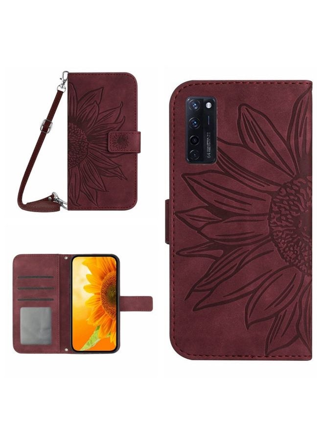 HuHa Case Cover For ZTE Axon 20 4G/20 5G Skin Feel Sun Flower Pattern Flip Leather Phone Case with Lanyard Wine Red 