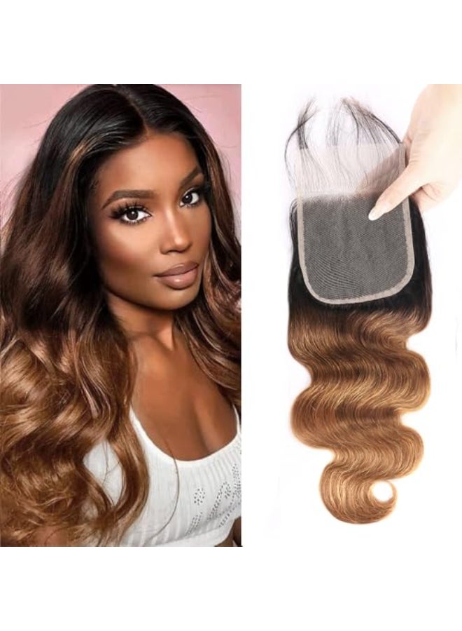 QTHAIR 18A 1B430 Ombre Closure 18inch Body Wave 4x4 Transparent HD Lace Lace Closure Pre Plucked Natural Hairline Brazilian Unprocessed Virgin Human Hair Dark Roots 3 Tone 1B430 Body Wave Closure