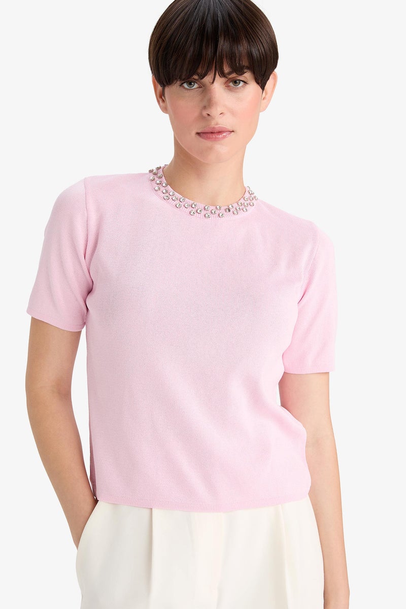 DeFacto Pink Woman Regular Fit Crew Neck Embroidered Knitwear Pullover Casual - Image 1