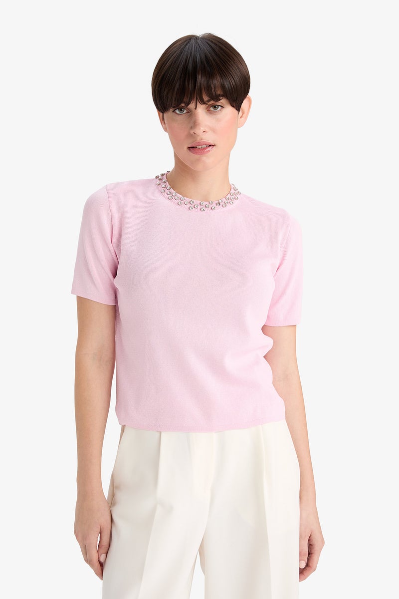 DeFacto Pink Woman Regular Fit Crew Neck Embroidered Knitwear Pullover Casual - Image 3