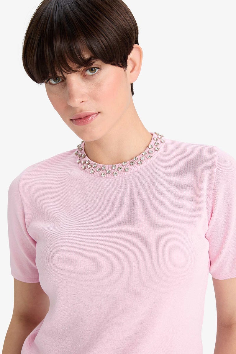 DeFacto Pink Woman Regular Fit Crew Neck Embroidered Knitwear Pullover Casual - Image 4