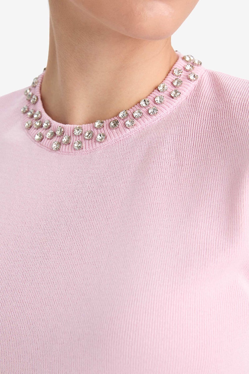 DeFacto Pink Woman Regular Fit Crew Neck Embroidered Knitwear Pullover Casual - Image 5