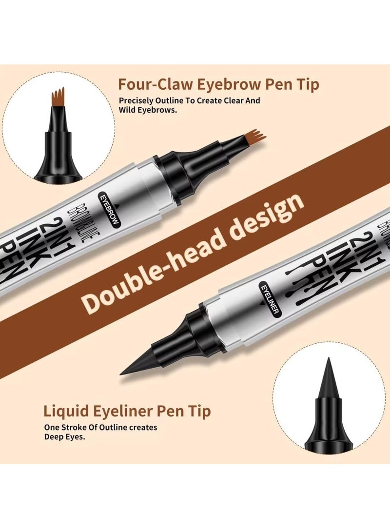 HelloKiss Brow and Line 2in1 Ink Pen for Eyebrow and Eyeliner Pen Waterproof Eyeliner Pencil 3D Microblading Eyebrow Tattoo Pencil 4 Fork Tip with Eyeliner Eyebrow and Black Eyeliner Pencil Light Brown 01 - Image 2
