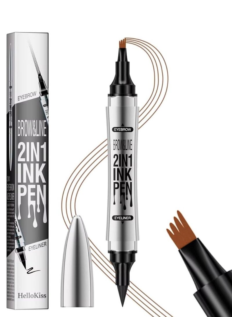 HelloKiss Brow and Line 2in1 Ink Pen for Eyebrow and Eyeliner Pen Waterproof Eyeliner Pencil 3D Microblading Eyebrow Tattoo Pencil 4 Fork Tip with Eyeliner Eyebrow and Black Eyeliner Pencil Light Brown 01 - Image 1