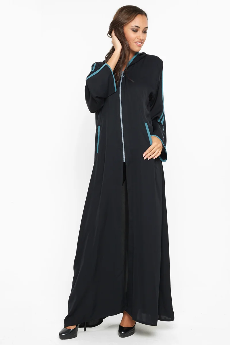 النخبة A casual sporty abaya with a hood and zipped closure with blue stripe detail -AJ590A