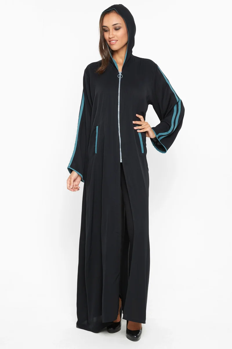 النخبة A casual sporty abaya with a hood and zipped closure with blue stripe detail -AJ590A