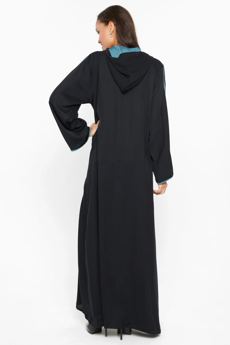 NUKHBAA A casual sporty abaya with a hood and zipped closure with blue stripe detail -AJ590A