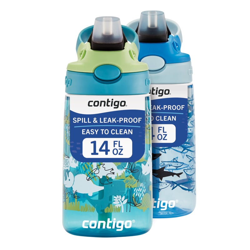 Contigo Aubrey Kids Dinos  Sharks Cleanable Water Bottle with Silicone Straw SpillProof Lid Dishwasher Safe 14oz 2Pack