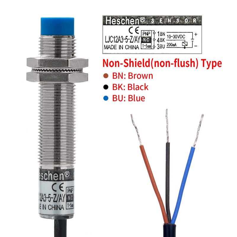 Heschen M12 Capacitive Proximity Sensor Switch Non-Shield Type LJC12A3-5-Z/AY Detector 1-5mm 10-30VDC 200mA PNP Normally Closed(NC) 3 Wires - Image 4