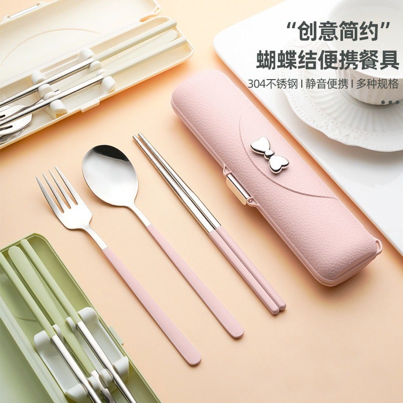 Outdoor Convenient Tableware 304 Stainless Steel Korean Style Spoon Fork Chopsticks Three-Piece Set Student Travel Gift Tableware Suit - Image 2