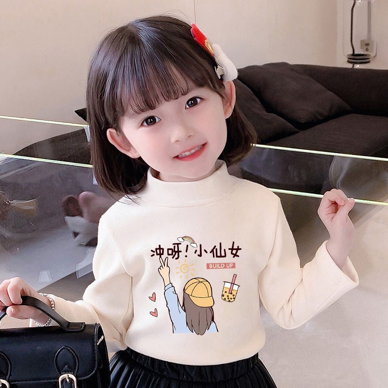 Girls' Semi-High Collar Velvet Casual Long-Sleeved T-Shirt Autumn New Arrival Medium And Large Children'S Wear Cartoon Printed Western Style Girls' T-Shirt - Image 1