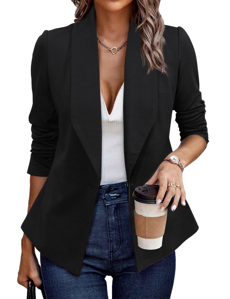 Tralilbee Women's Casual Long Sleeve Blazers Knit Open Front Black Blazer Jacket Dressy, Black, XL - Image 1