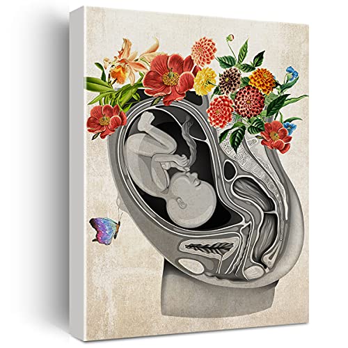Nvhai Vintage Pregnancy Art Canvas Painting Fetus in Womb Flower Anatomy Art for Home Wall Decor Framed Obstetrics Artwork Gifts(12x15 Inch) - Image 1