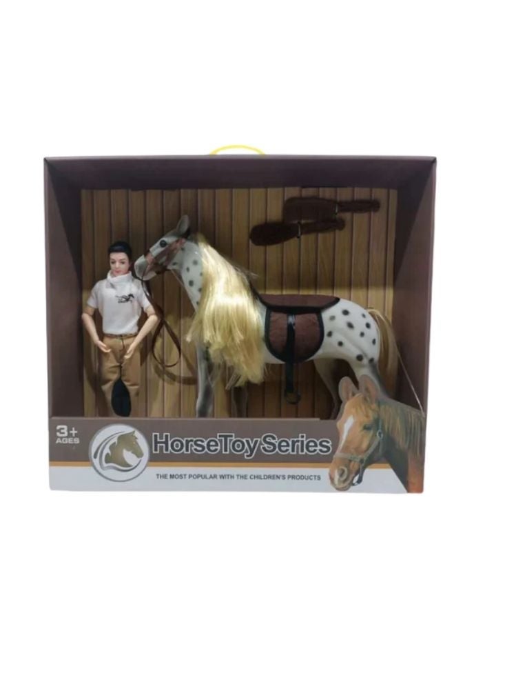 بريميم مجموعة ألعاب سلسلة الخيول مع مجسم فارس - حصان أبيض مرقط، وأدوات العناية به، وديكور إسطبل للعب التخيلي للأطفال - Image 1