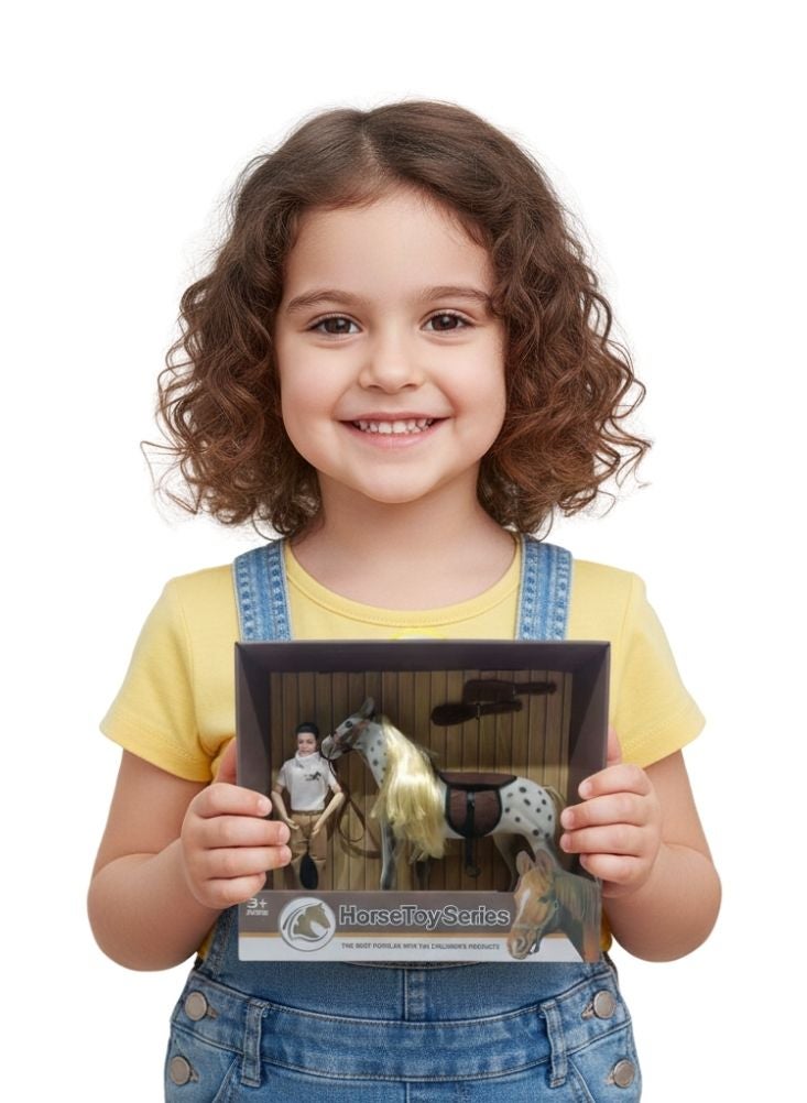 بريميم مجموعة ألعاب سلسلة الخيول مع مجسم فارس - حصان أبيض مرقط، وأدوات العناية به، وديكور إسطبل للعب التخيلي للأطفال - Image 2