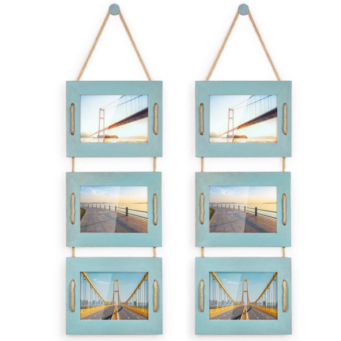5X7 HANGING PICTURE FRAMES COLLAGE WALL DECOR PHOTO FRAMES 5X7 WITHOUT MAT 35X5 WITH MAT RUSTIC WOOD 3FRAME OCEAN BLUE 2PACK