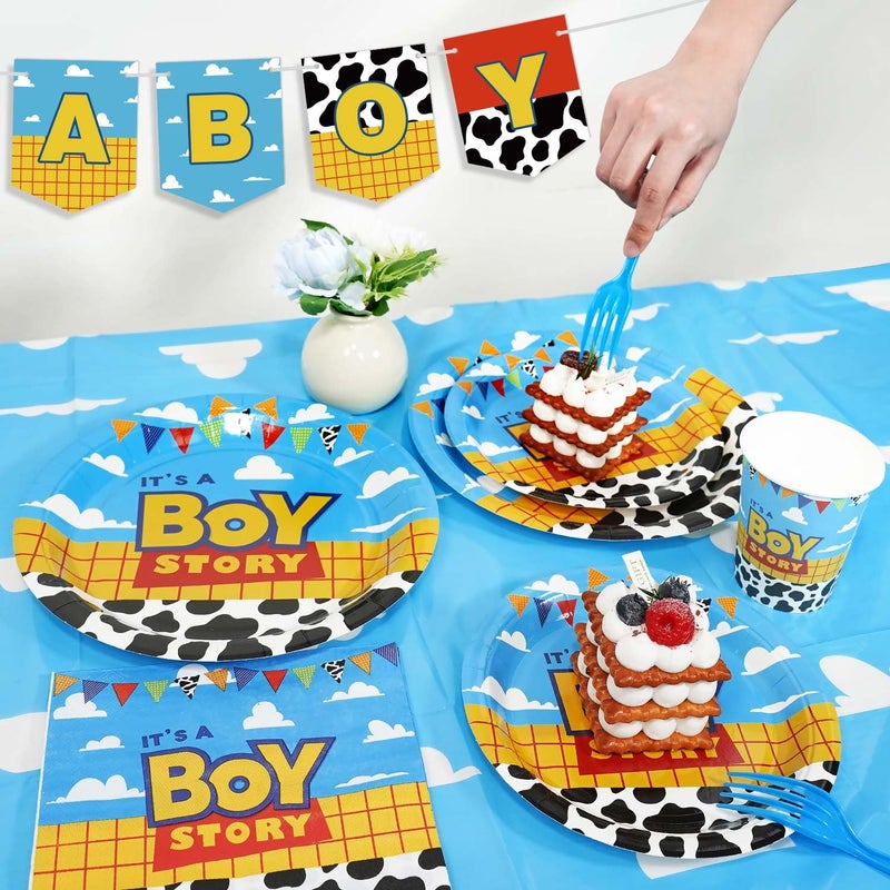 Heboland Boy Story Baby Shower Decorations, 25 Guests Includes Cardstock Plates Tableware | Tablecloth | Banner | Balloons | Cake Topper for Itâ€™s a Boy Story Baby Shower Themed Party Decorations - Image 2
