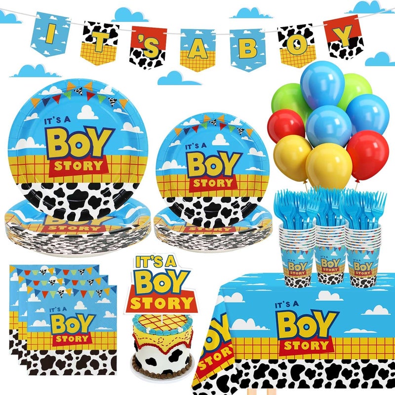 Heboland Boy Story Baby Shower Decorations, 25 Guests Includes Cardstock Plates Tableware | Tablecloth | Banner | Balloons | Cake Topper for Itâ€™s a Boy Story Baby Shower Themed Party Decorations - Image 1