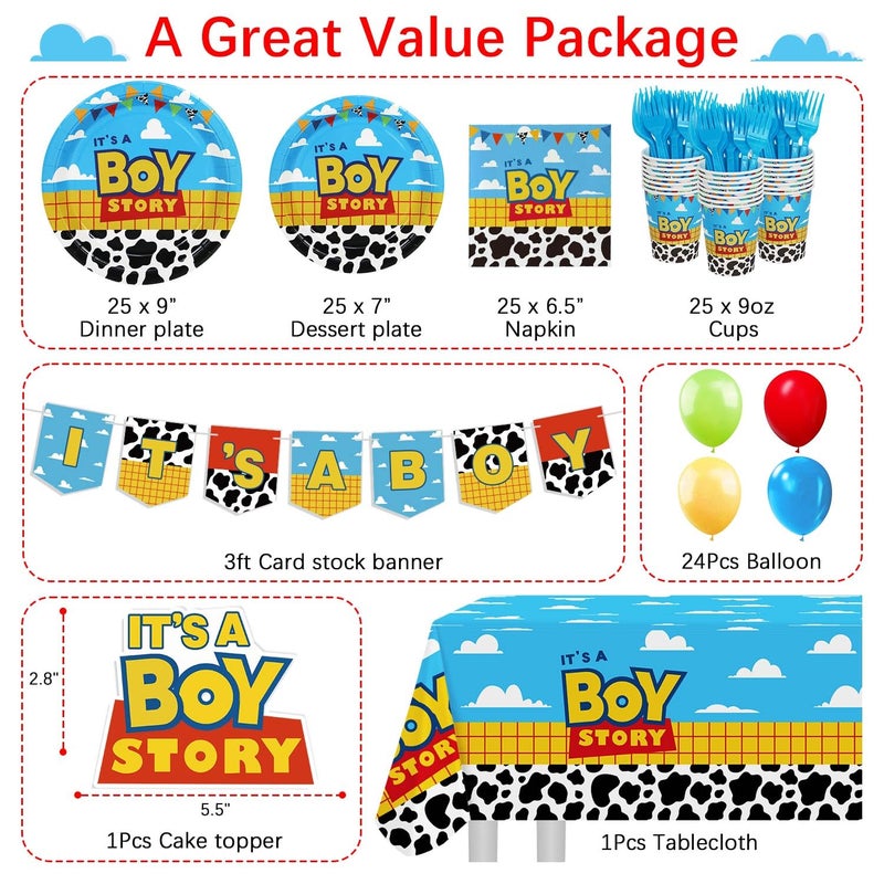 Heboland Boy Story Baby Shower Decorations, 25 Guests Includes Cardstock Plates Tableware | Tablecloth | Banner | Balloons | Cake Topper for Itâ€™s a Boy Story Baby Shower Themed Party Decorations - Image 4