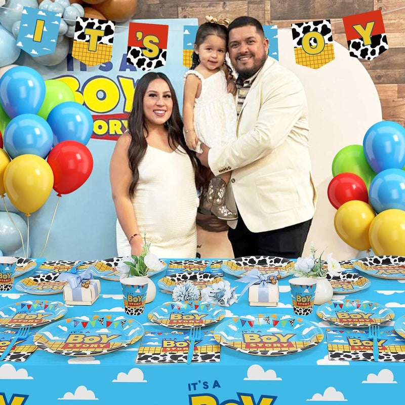 Heboland Boy Story Baby Shower Decorations, 25 Guests Includes Cardstock Plates Tableware | Tablecloth | Banner | Balloons | Cake Topper for Itâ€™s a Boy Story Baby Shower Themed Party Decorations - Image 3
