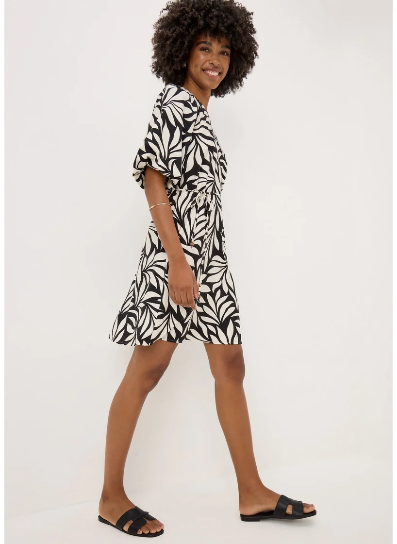 Matalan Et Vous Blue Palm Tie Waist Mini Dress