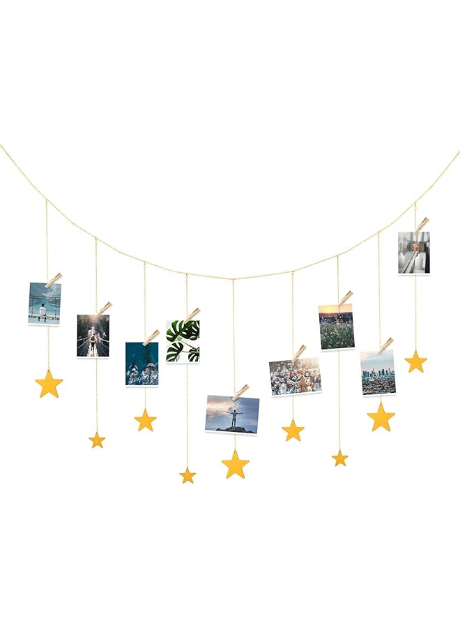 Excefore Photo Display, Boho Decor Wooden Stars Garland with Metal Chains Picture Frame Collage with 30 Wood Clips for Teen Girl Room, Bedroom, Dorm, Home, Party Decor (200 cm) - Image 1
