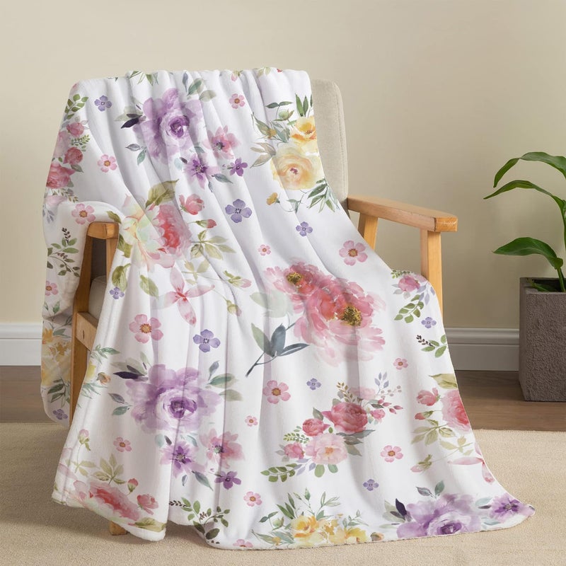 Tupmnbry Watercolor Flower Throw Blanket Colorful Botanical Floral Printed Blanket Super Soft Flannel Throw Blankets Lightweight Fluffy Plush Fuzzy Bed Blankets for Bedding Sofa 50"X60" - Image 1