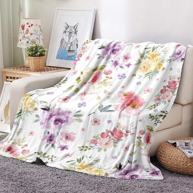 Tupmnbry Watercolor Flower Throw Blanket Colorful Botanical Floral Printed Blanket Super Soft Flannel Throw Blankets Lightweight Fluffy Plush Fuzzy Bed Blankets for Bedding Sofa 50"X60" - Image 2