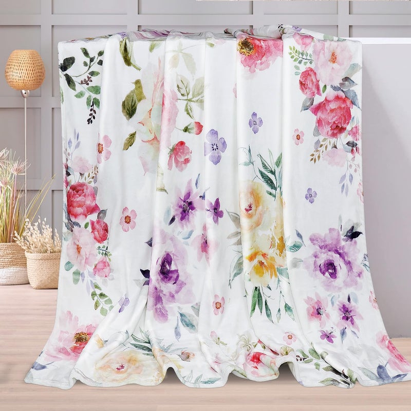 Tupmnbry Watercolor Flower Throw Blanket Colorful Botanical Floral Printed Blanket Super Soft Flannel Throw Blankets Lightweight Fluffy Plush Fuzzy Bed Blankets for Bedding Sofa 50"X60" - Image 3