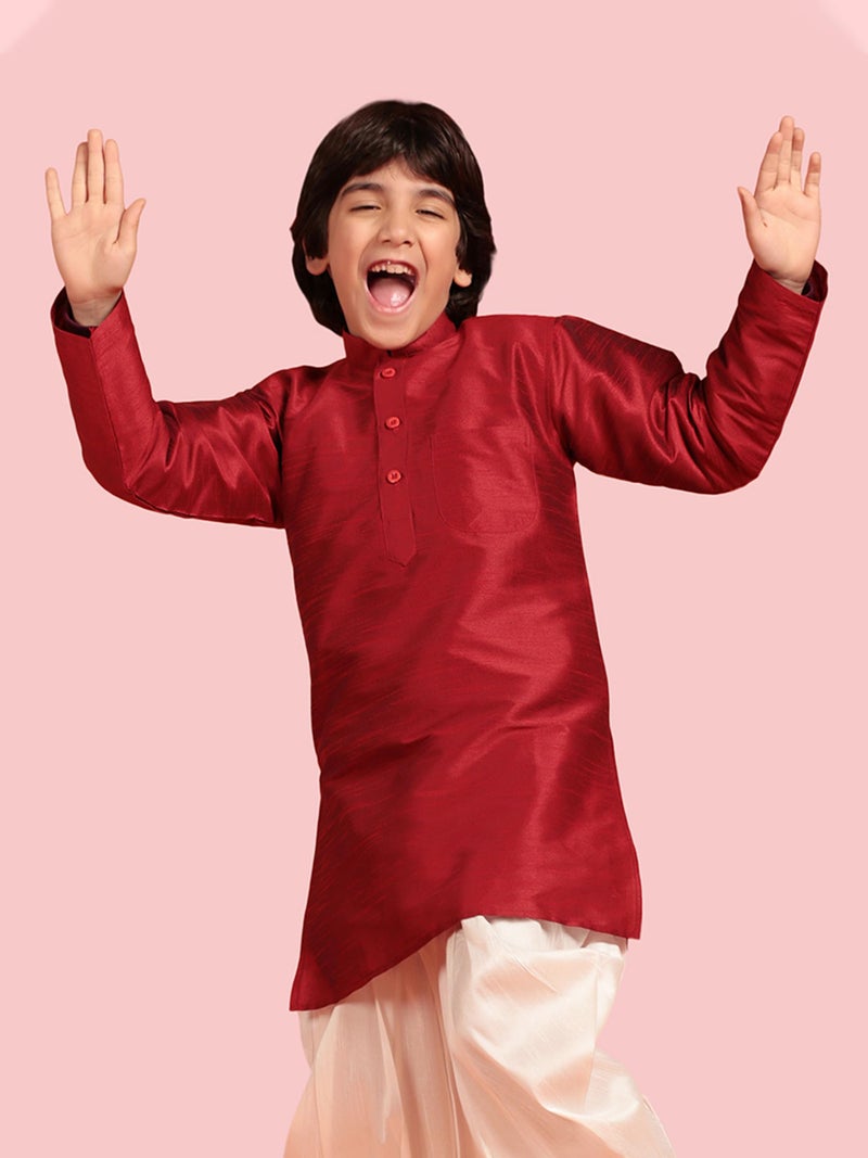 AJ DEZINES Kids Silk Blend Full Sleeve Maroon Kurta for Boys - Ethnic wear | Special Occasion & Party Outfit | Solid Kurta for Boys - Regular Fit - Image 5