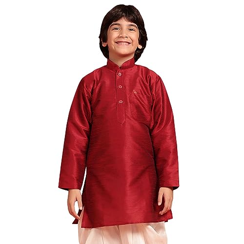 AJ DEZINES Kids Silk Blend Full Sleeve Maroon Kurta for Boys - Ethnic wear | Special Occasion & Party Outfit | Solid Kurta for Boys - Regular Fit - Image 1
