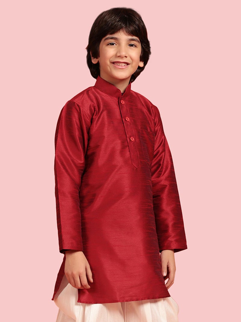AJ DEZINES Kids Silk Blend Full Sleeve Maroon Kurta for Boys - Ethnic wear | Special Occasion & Party Outfit | Solid Kurta for Boys - Regular Fit - Image 3