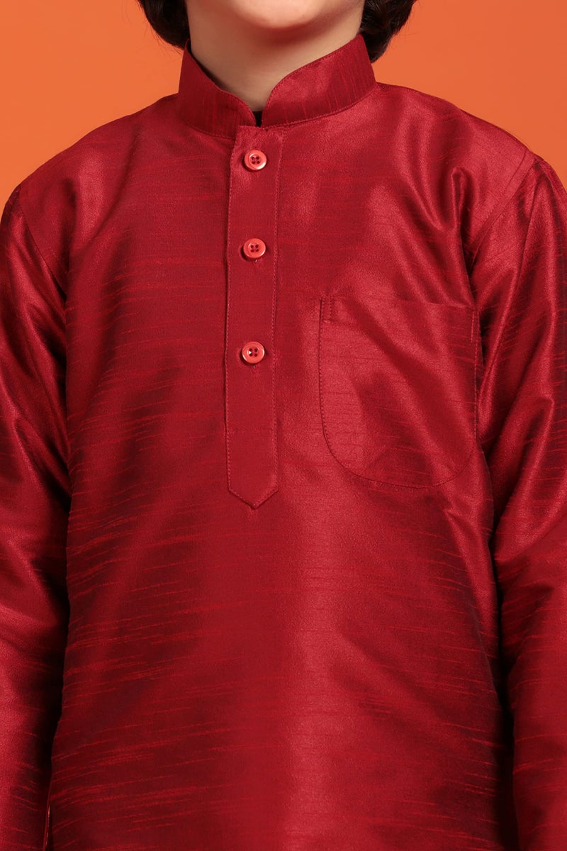 AJ DEZINES Kids Silk Blend Full Sleeve Maroon Kurta for Boys - Ethnic wear | Special Occasion & Party Outfit | Solid Kurta for Boys - Regular Fit - Image 4