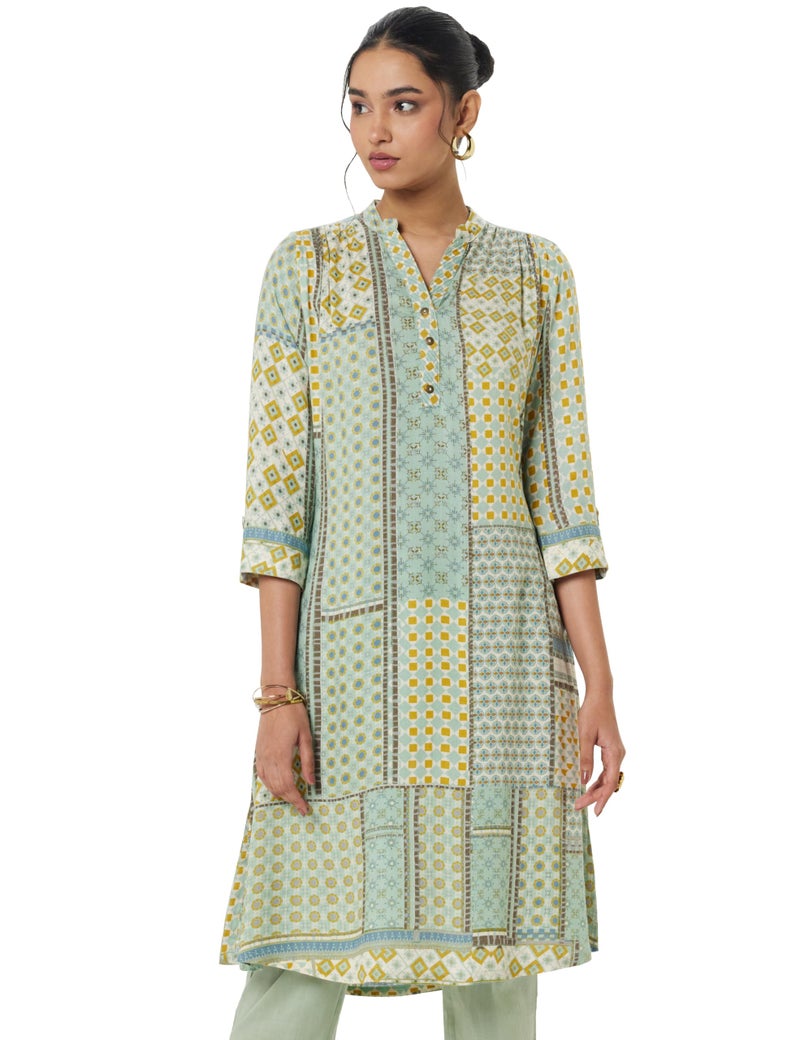 BIBA Rayon Women Printed Straight Fit Kurta Mix and Match(Azul COLLECTION20485_Teal_32) - Image 1