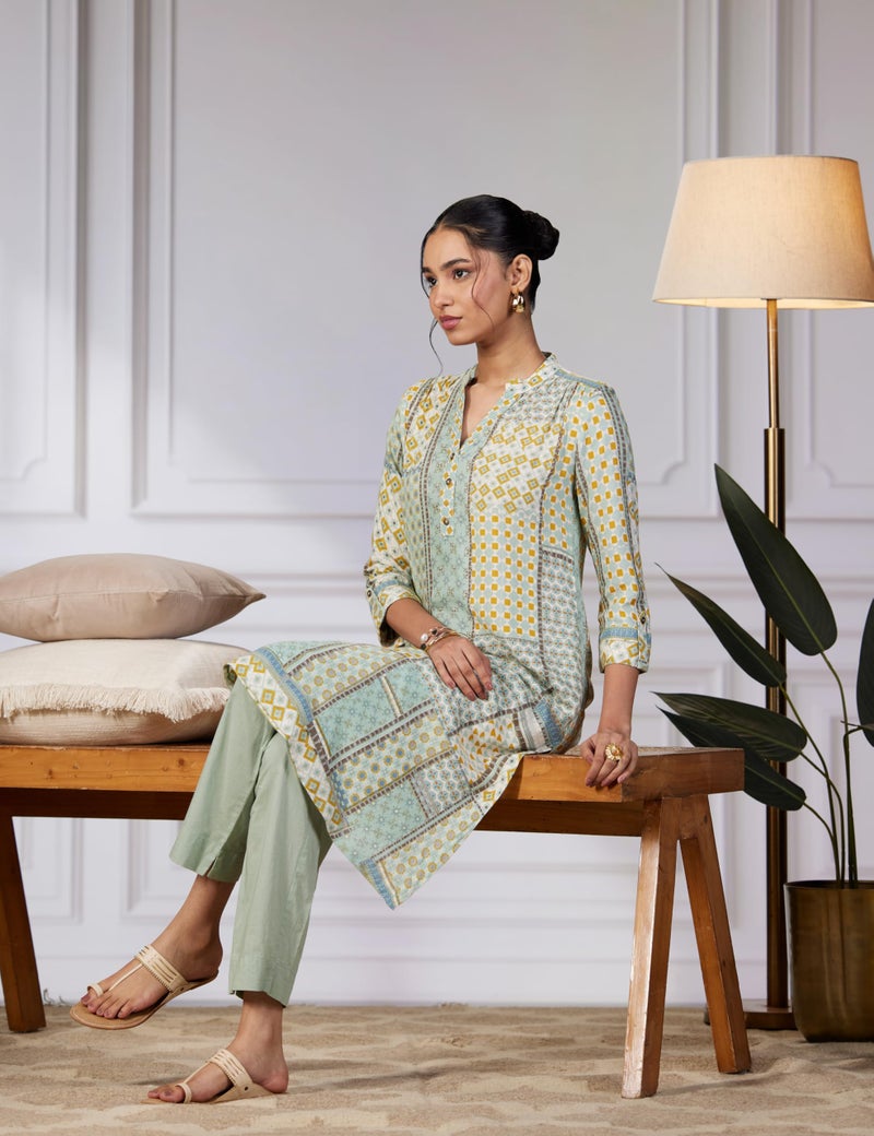 BIBA Rayon Women Printed Straight Fit Kurta Mix and Match(Azul COLLECTION20485_Teal_32) - Image 2
