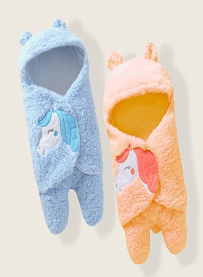 First Kick Baby Blankets Newborn Combo Pack of Super Soft Baby Wrapper Durable Fleece Polyester Cum Baby Sleeping Bag for Baby Boys Girls, Babies (76cm x 70cm, 0-6 Months) Pack of 2 Peach Sky Blue - Image 1