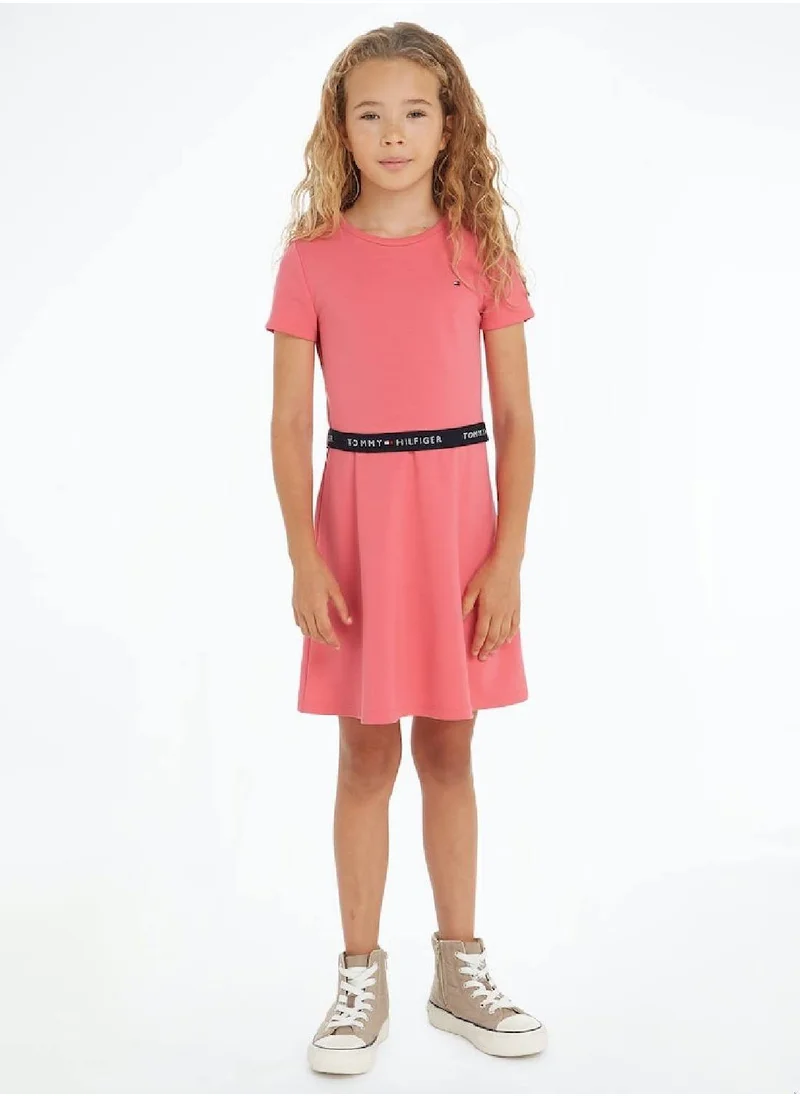 TOMMY HILFIGER Girls' Essential Belted Waist Skater Dress -  Stretch sustainable modal blend, Pink