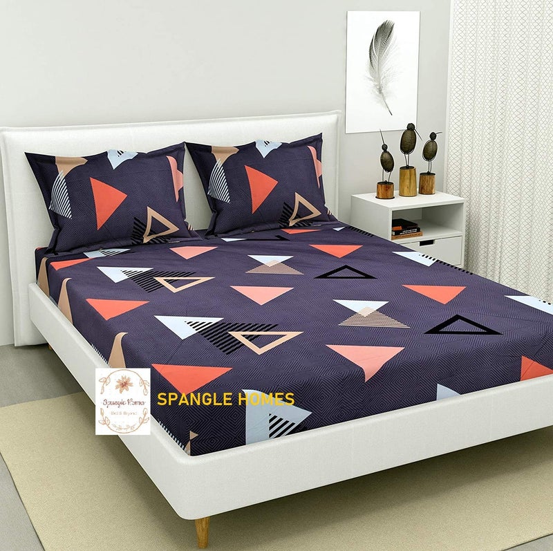 SpangleHomes Soft Glace Cotton Queen Size Elastic Fitted Bedsheet with 2 Large Pillow Covers (Design-Grey Triangle, Elastic Double, Multicolor) - Image 5