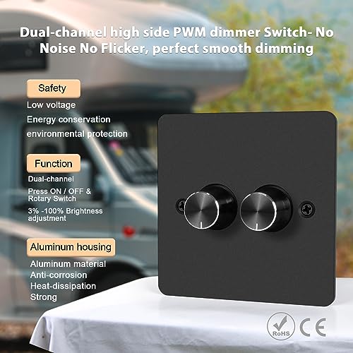 VIPMOON DC12V/24V RV LED Dimmer Switch 2 Gang 120W PWM Led Light Dimmer On/Off Rotary Dimmer for LED Strip Lights, Puck Lights, Awning Lights in Camper/Motorhome/Boat/Van/Trailer/Truck, Single Color - Image 4