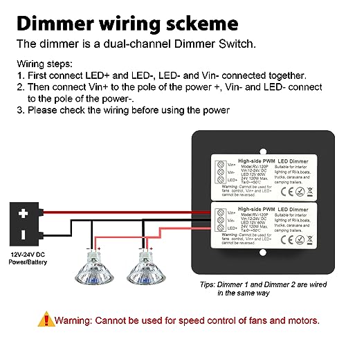 VIPMOON DC12V/24V RV LED Dimmer Switch 2 Gang 120W PWM Led Light Dimmer On/Off Rotary Dimmer for LED Strip Lights, Puck Lights, Awning Lights in Camper/Motorhome/Boat/Van/Trailer/Truck, Single Color - Image 3