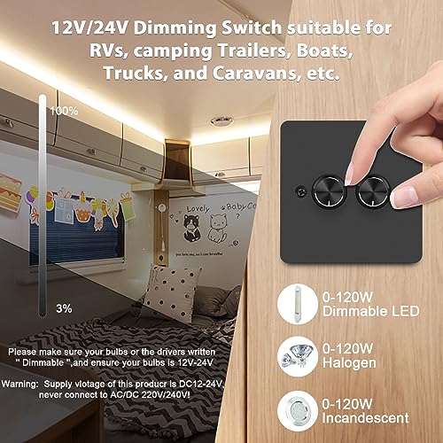 VIPMOON DC12V/24V RV LED Dimmer Switch 2 Gang 120W PWM Led Light Dimmer On/Off Rotary Dimmer for LED Strip Lights, Puck Lights, Awning Lights in Camper/Motorhome/Boat/Van/Trailer/Truck, Single Color - Image 2