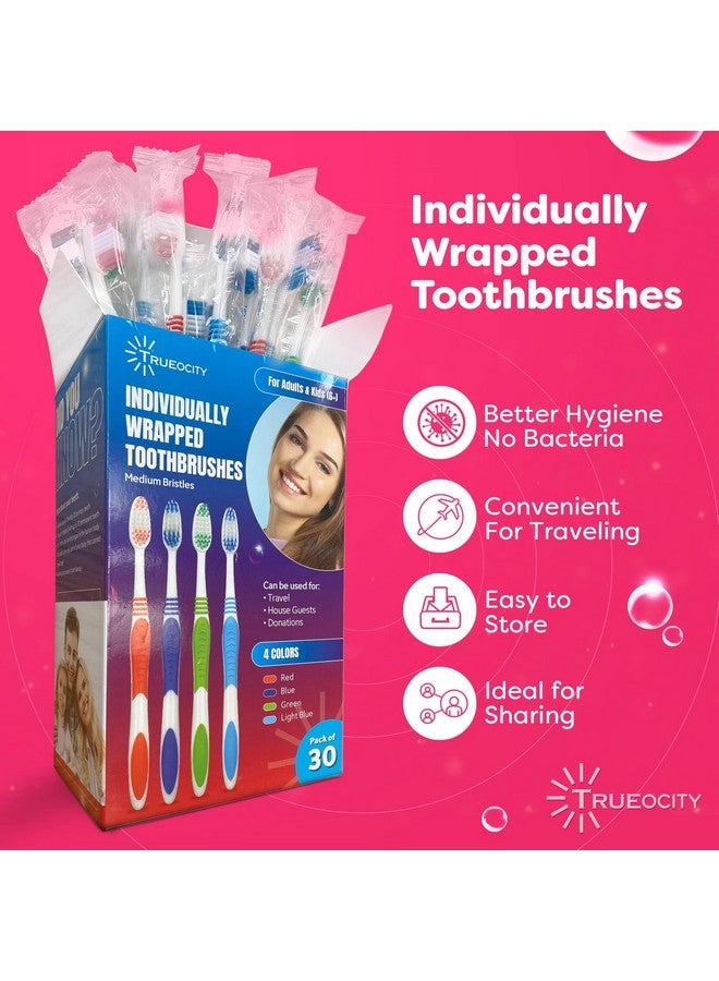 Trueocity Toothbrushes Bulk Individually Wrapped - 30 Pack, Bulk Toothbrush, Medium BristleToothbrush, Individual Toothbrushes, Multi-Colored Toothbrushes Pack For Adults And Kids, Multi Pack Toothbrushes - Image 2