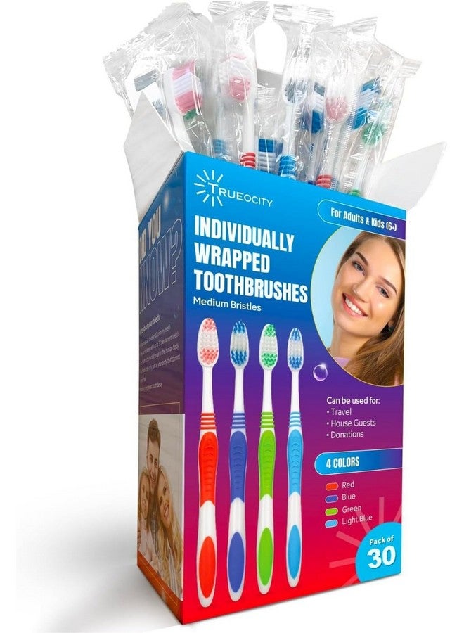 Trueocity Toothbrushes Bulk Individually Wrapped - 30 Pack, Bulk Toothbrush, Medium BristleToothbrush, Individual Toothbrushes, Multi-Colored Toothbrushes Pack For Adults And Kids, Multi Pack Toothbrushes - Image 1