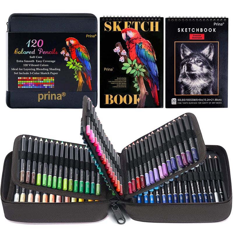 PRINA Art Supplies 120 Colors Colored Pencils Set for Adults Coloring Books with Sketchbook, Professional Vibrant Artists Coloring Pencils for Drawing Sketching Blending Shading, Soft Core Oil Based - Image 1