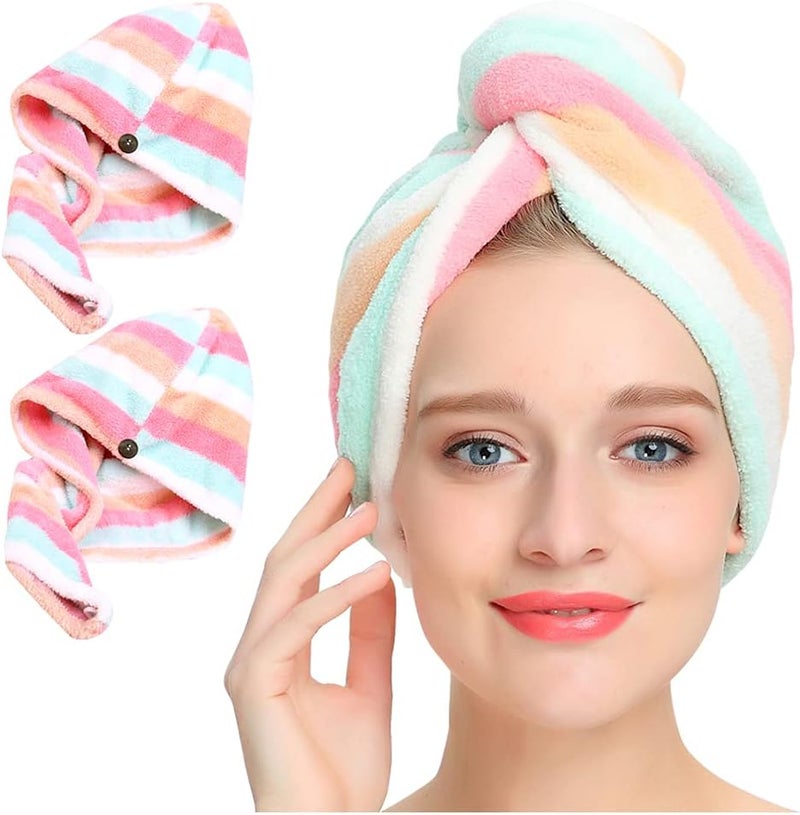 AuroTrends Microfiber Hair Towel 2Pack Hair Towel Wrap for WomenKids Super Absorbent Soft Microfiber Towel for Hair Hair Drying Towels for LongThickFineCurly Hair Set of 2 Rainbow