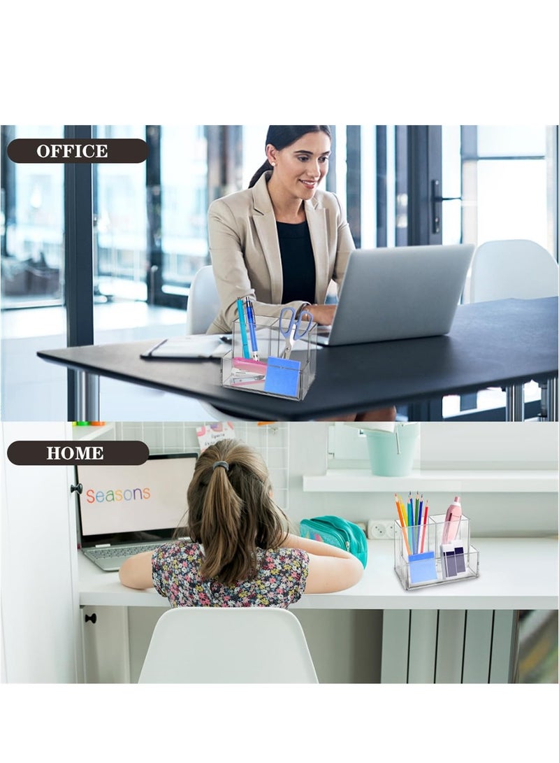 Excefore Pen Holder for Desk 2 Pack Clear Acrylic Makeup Brush Holder Desk Accessories Pencil Cup with Sticky Notes Holder and 3 Compartments Pencil Organizer for Pen Art Supply Makeup Brush - Image 5