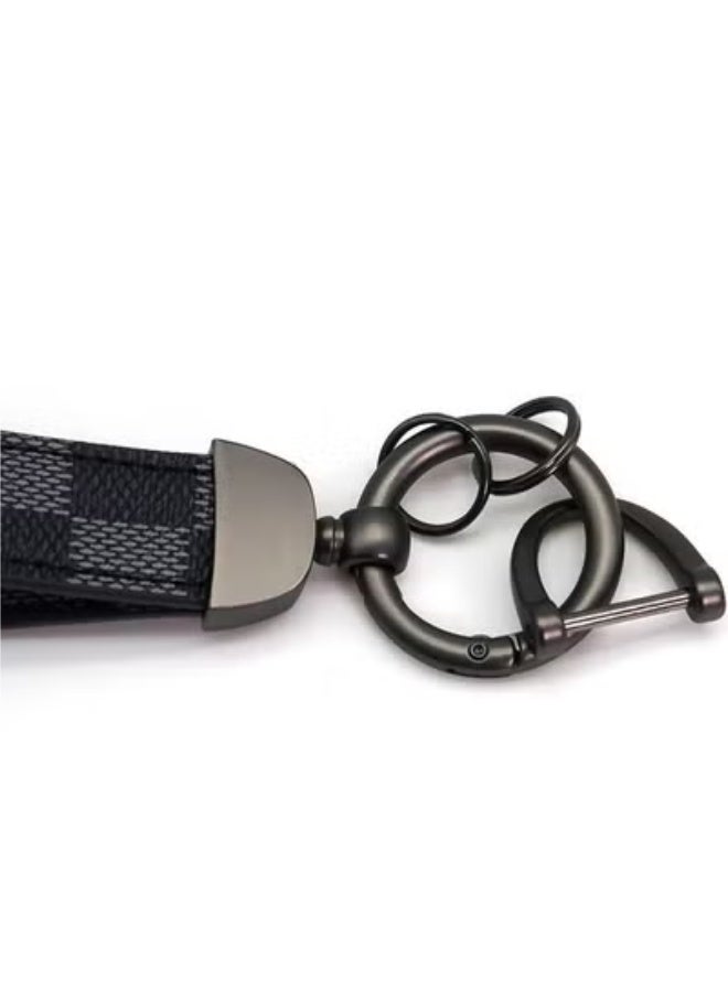 Car PU Leather Metal Keychain - Plaid Leather Zinc Alloy Ring 360° Rotating - Car Universal Wrist Band - Key School Bag Car Decoration Pendant - Grey - Image 4