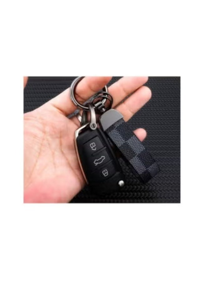 Car PU Leather Metal Keychain - Plaid Leather Zinc Alloy Ring 360° Rotating - Car Universal Wrist Band - Key School Bag Car Decoration Pendant - Grey - Image 2