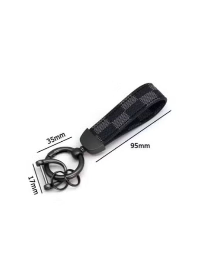 Car PU Leather Metal Keychain - Plaid Leather Zinc Alloy Ring 360° Rotating - Car Universal Wrist Band - Key School Bag Car Decoration Pendant - Grey - Image 1