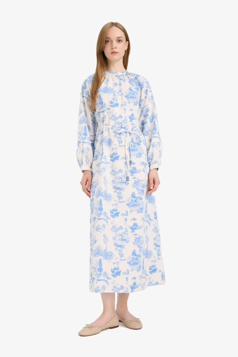 DeFacto Relax Fit Crew Neck Floral Poplin Laced Maxi Dress